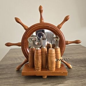 Vintage Mirrored Wooden Nautical Ship Wheel Bar Tool Set